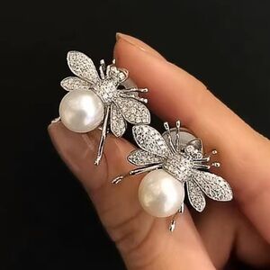 Vintage Pearl Bee Earrings Sparkling Crystal Detail